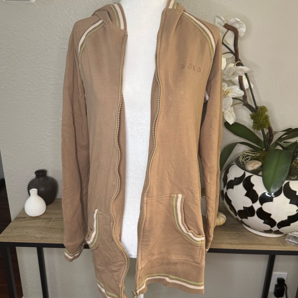 BCBG Maxazria Tan Green Stipe Zip Up Hoodie